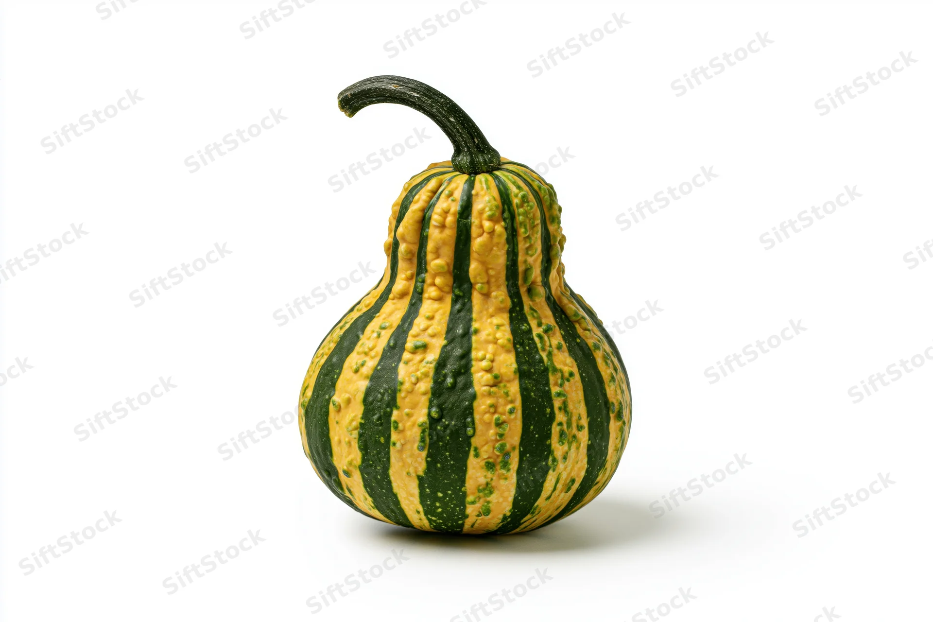 Ornamental gourd with green and yellow stripes sitting upright on a white background