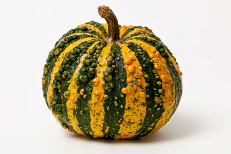 Ornamental gourd with green and yellow stripes and warty texture on white background