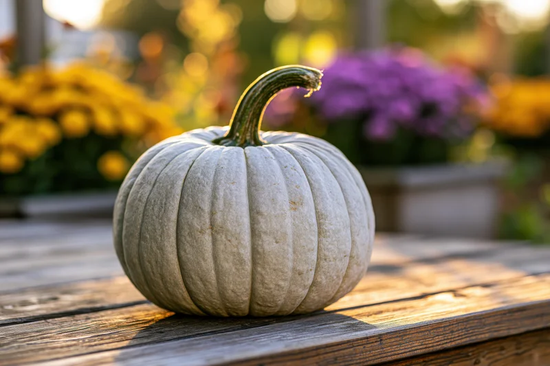 Pale blue-grey pumpkin with curved green stem resting on wooden table in garden with blurred flowers in background