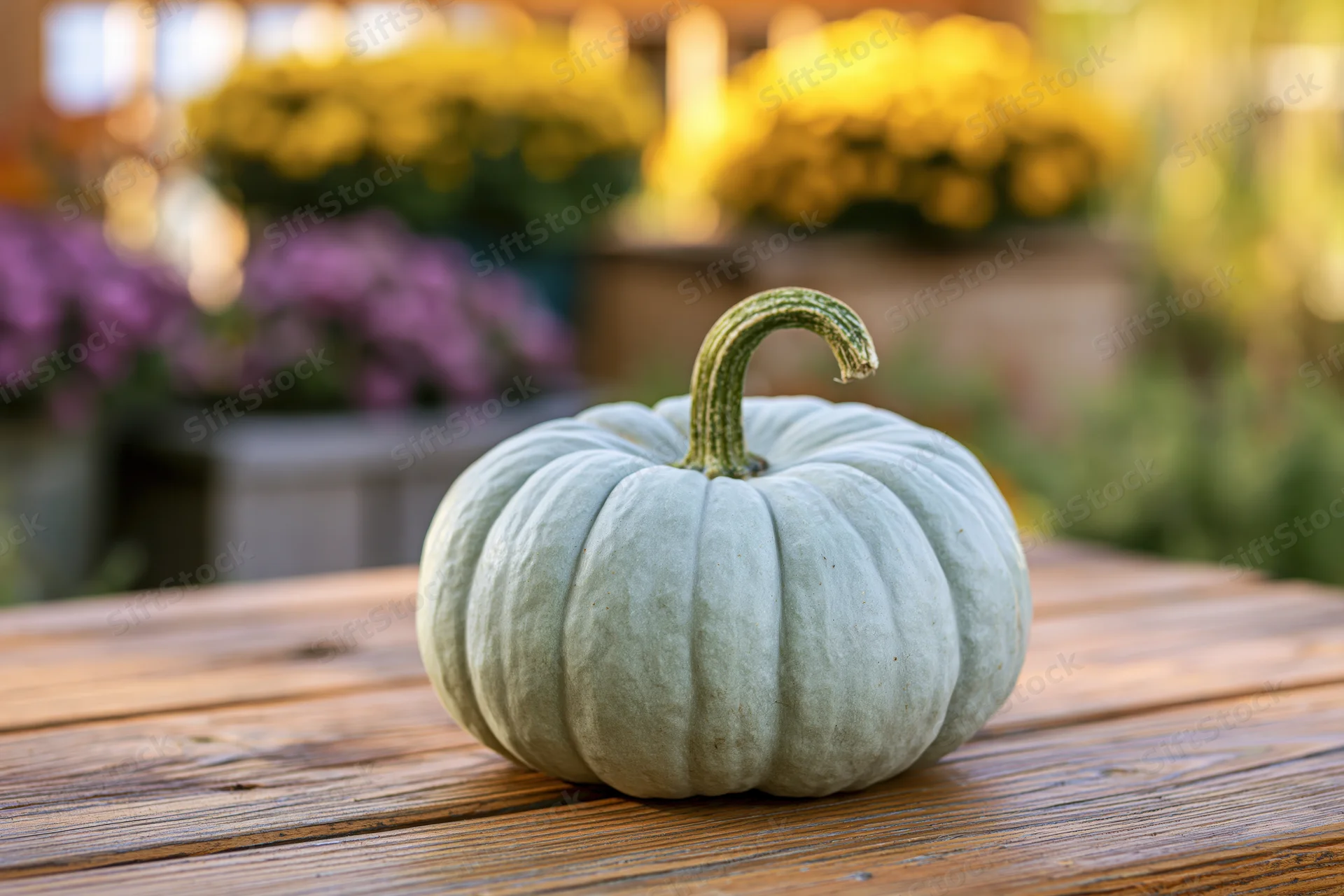 Pale blue-grey pumpkin with curved green stem on wooden table outdoors near autumn flowers