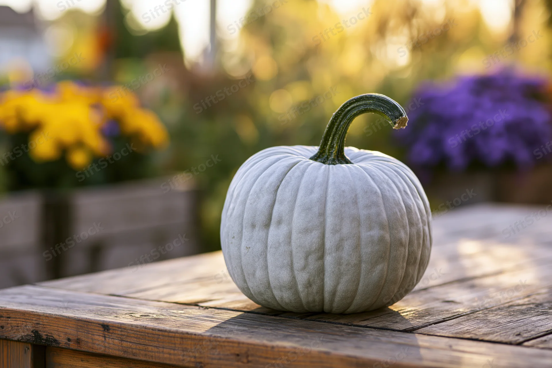 Pale blue-grey pumpkin with curved green stem resting on wooden table in garden with blurred flowers in background