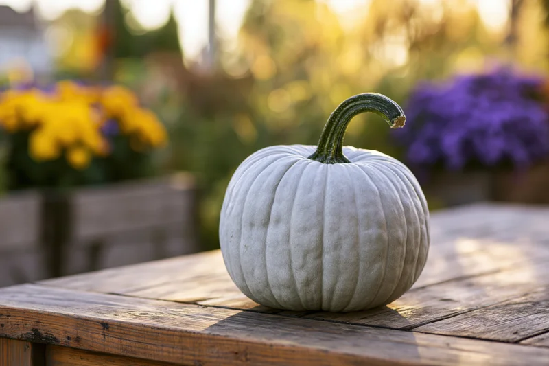Pale blue-grey pumpkin with curved green stem resting on wooden table in garden with blurred flowers in background