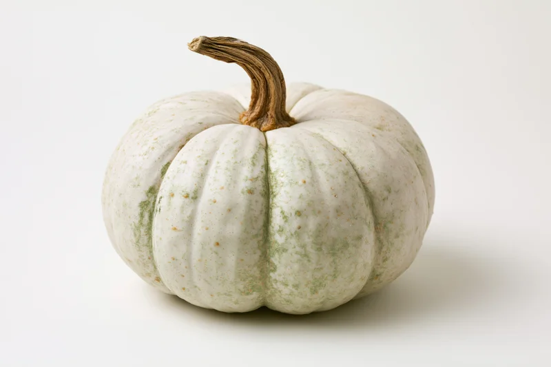Pale white-green pumpkin with dried brown stem on white background