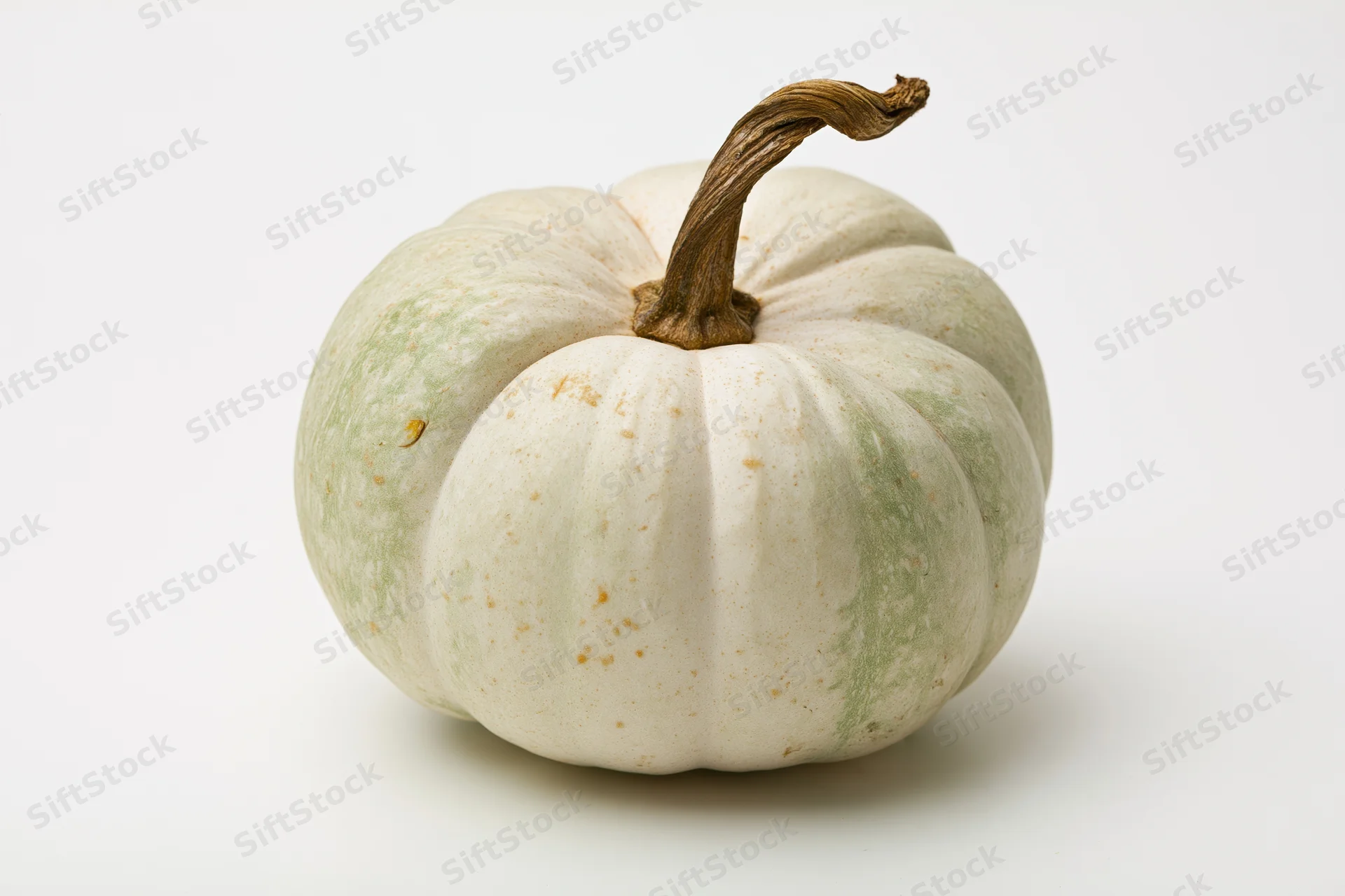 Pale white-green pumpkin with dried brown stem on plain white background