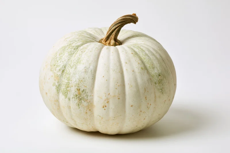 Pale white-green pumpkin with dried brown stem on white background