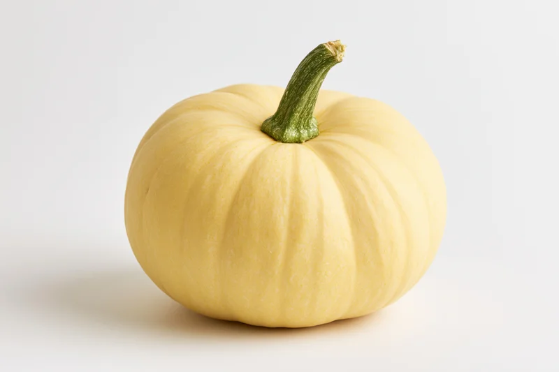 Pale yellow pumpkin with short green stem on white background