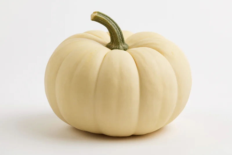 Pale yellow pumpkin with short green stem on white background