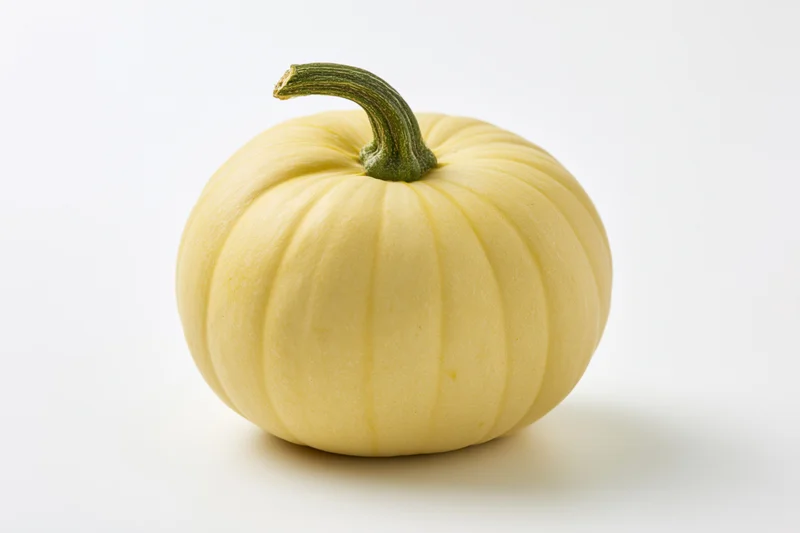 Pale yellow pumpkin with short green stem on white background
