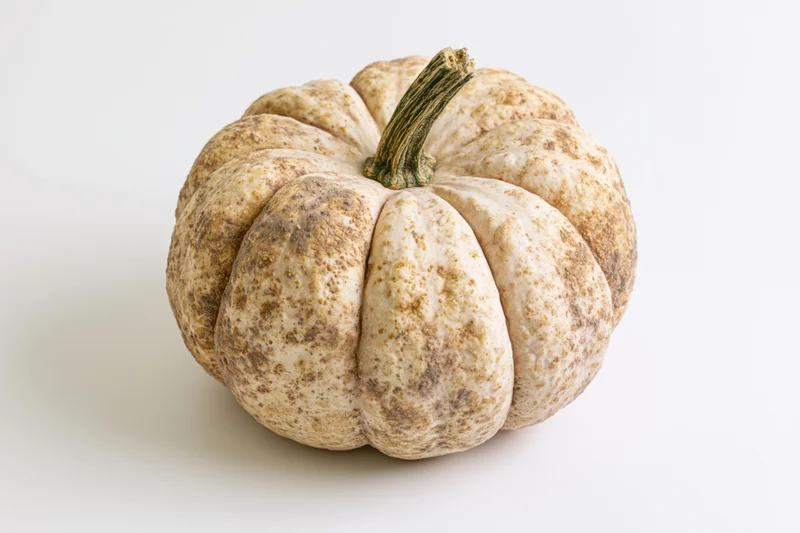A ribbed mottled pumpkin with a green stem on a white surface