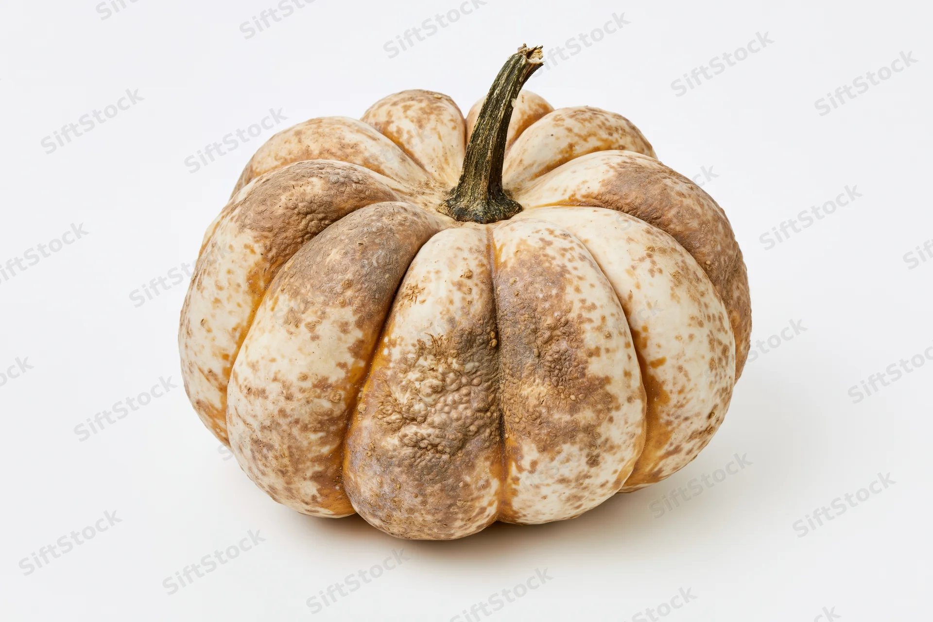 A ribbed mottled pumpkin with beige and brown spots on a white background