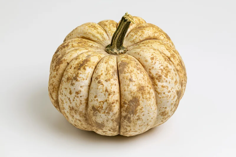 A ribbed mottled pumpkin on a white surface