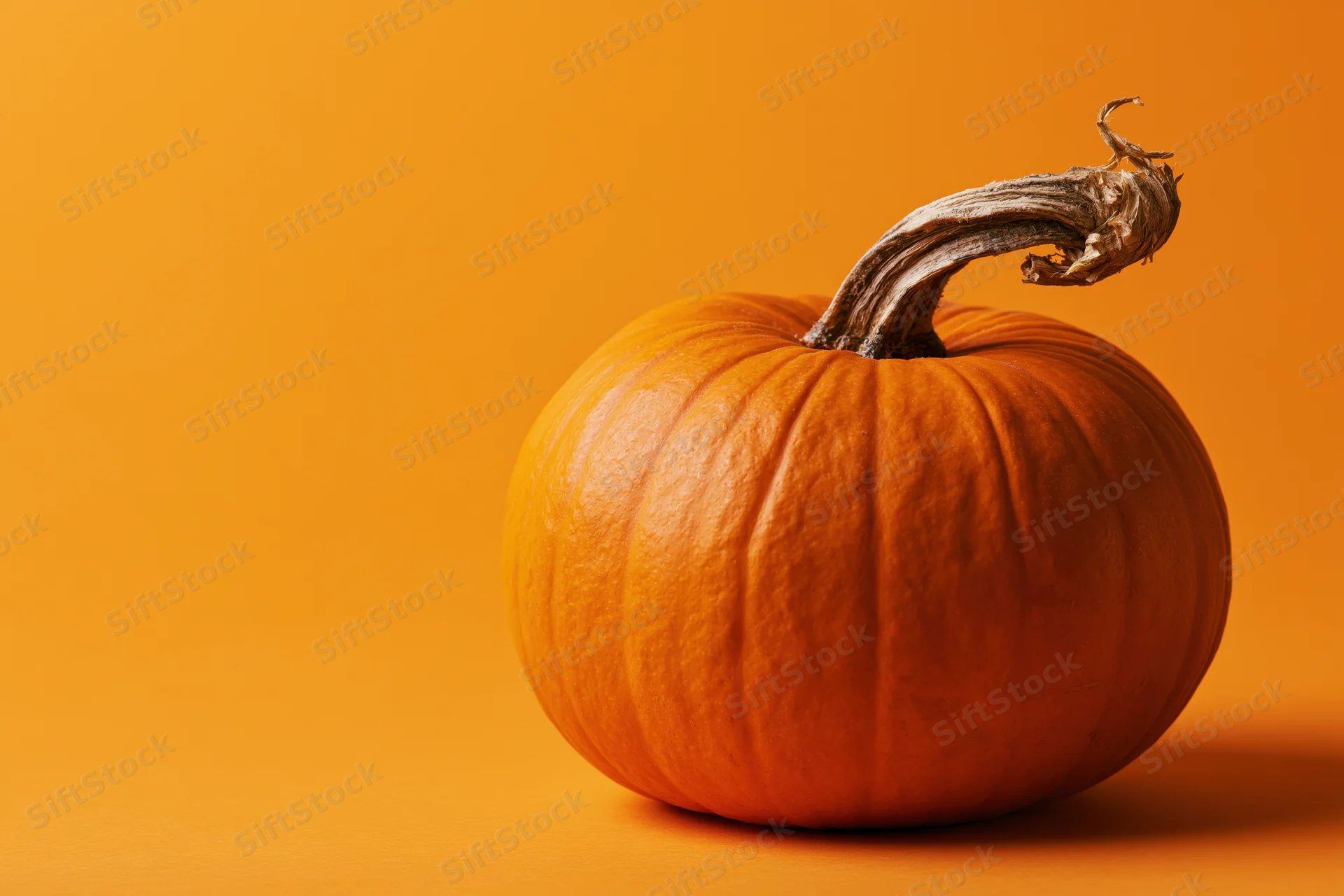 Small orange pumpkin with gnarled dried stem on solid orange background