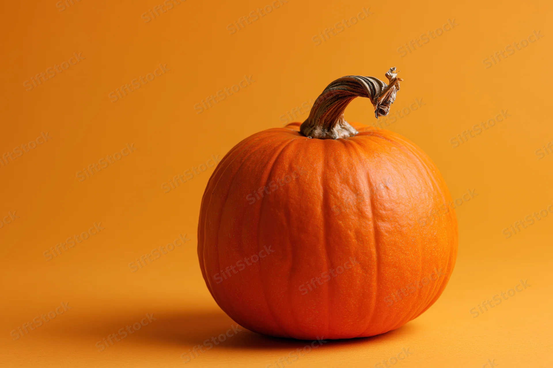 Small orange pumpkin with gnarled dried stem on orange background