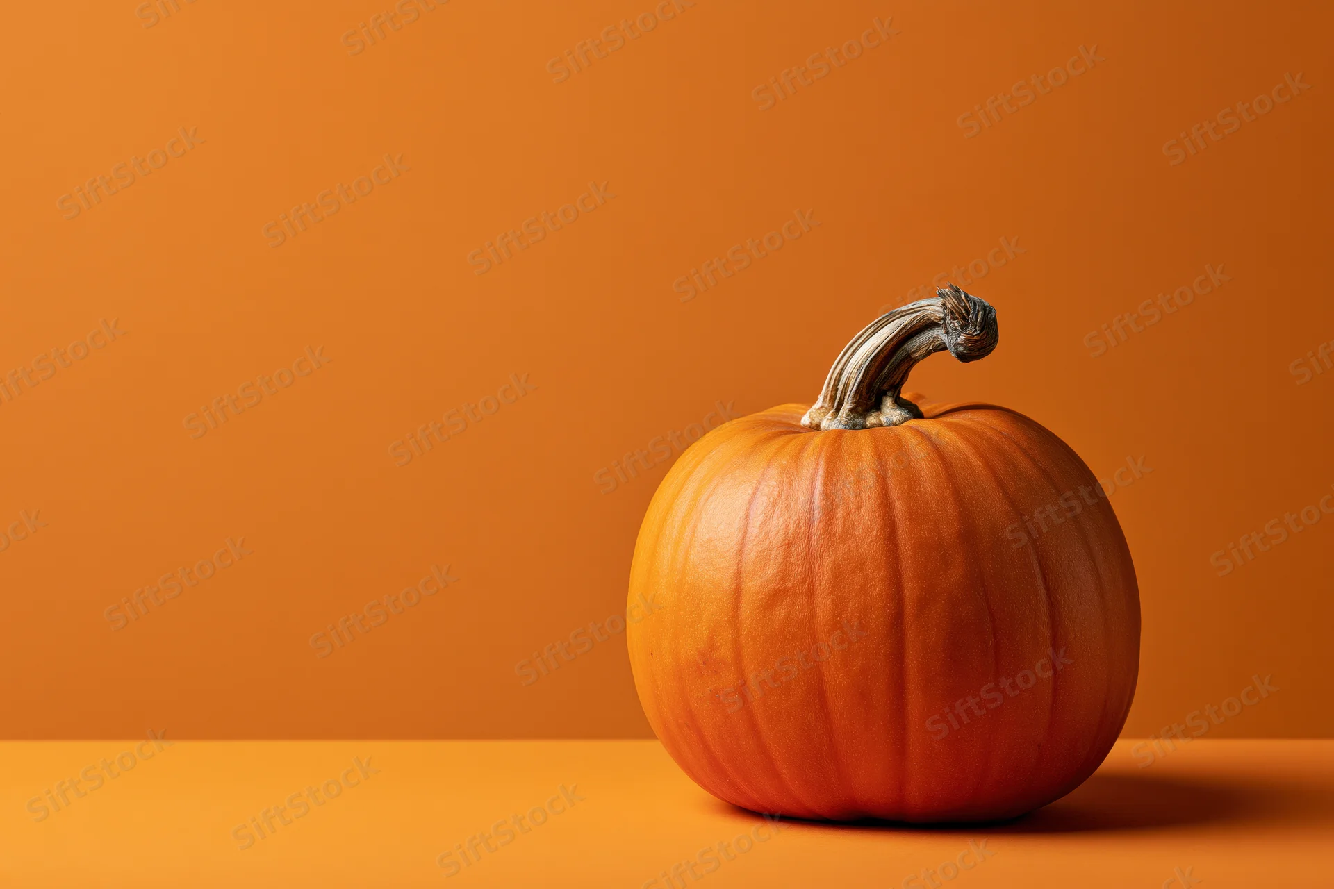 Small orange pumpkin with gnarled dried stem on orange surface against orange background