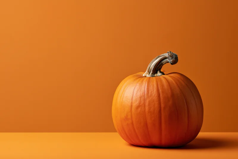 Small orange pumpkin with gnarled dried stem on orange surface against orange background