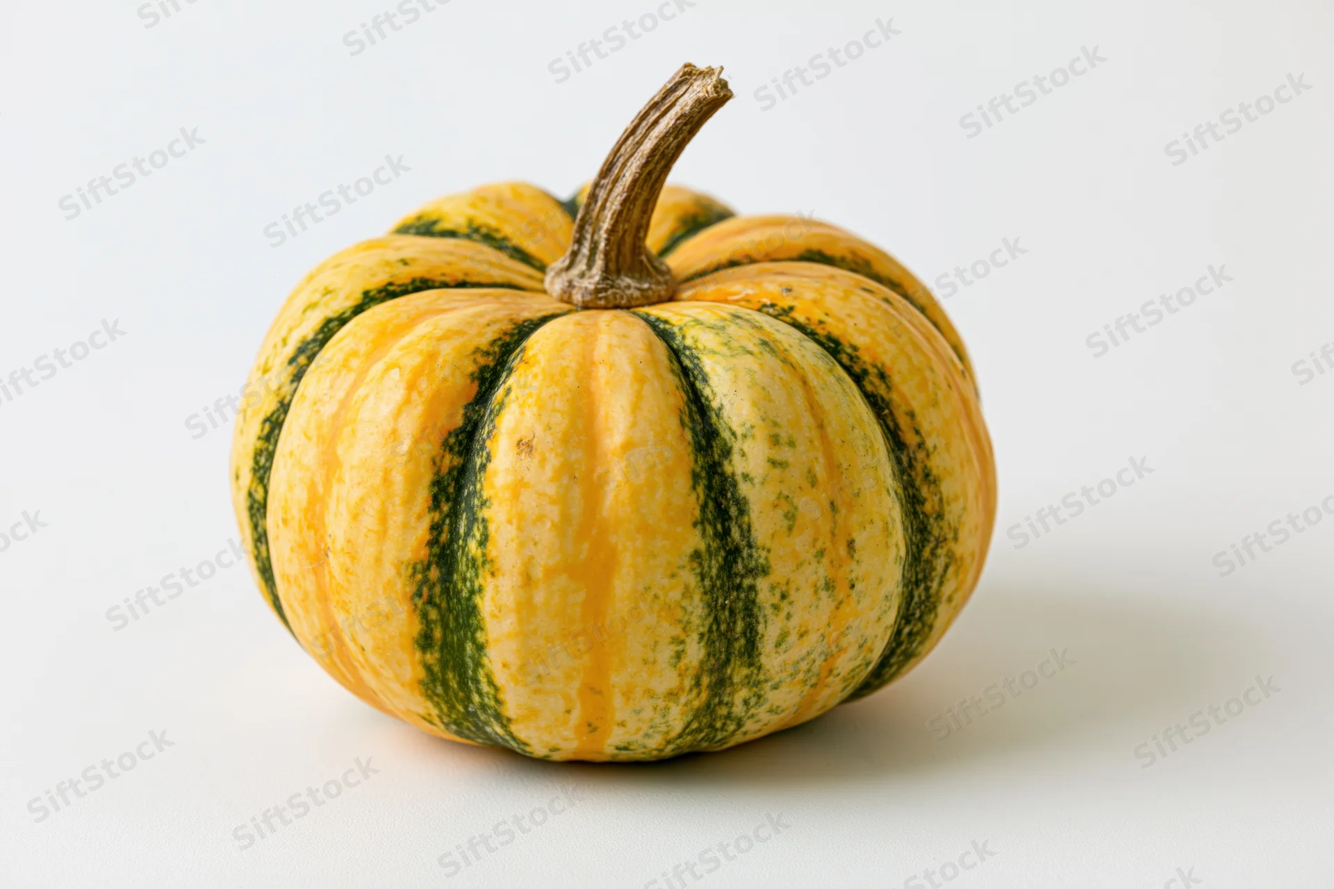 Small ornamental pumpkin with yellow-orange and green stripes on white background