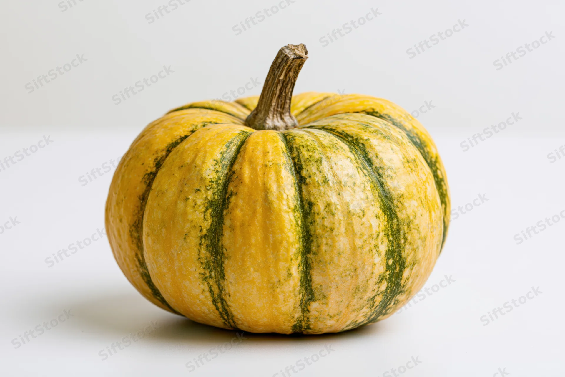 Small ornamental pumpkin with yellow and green stripes on a white surface