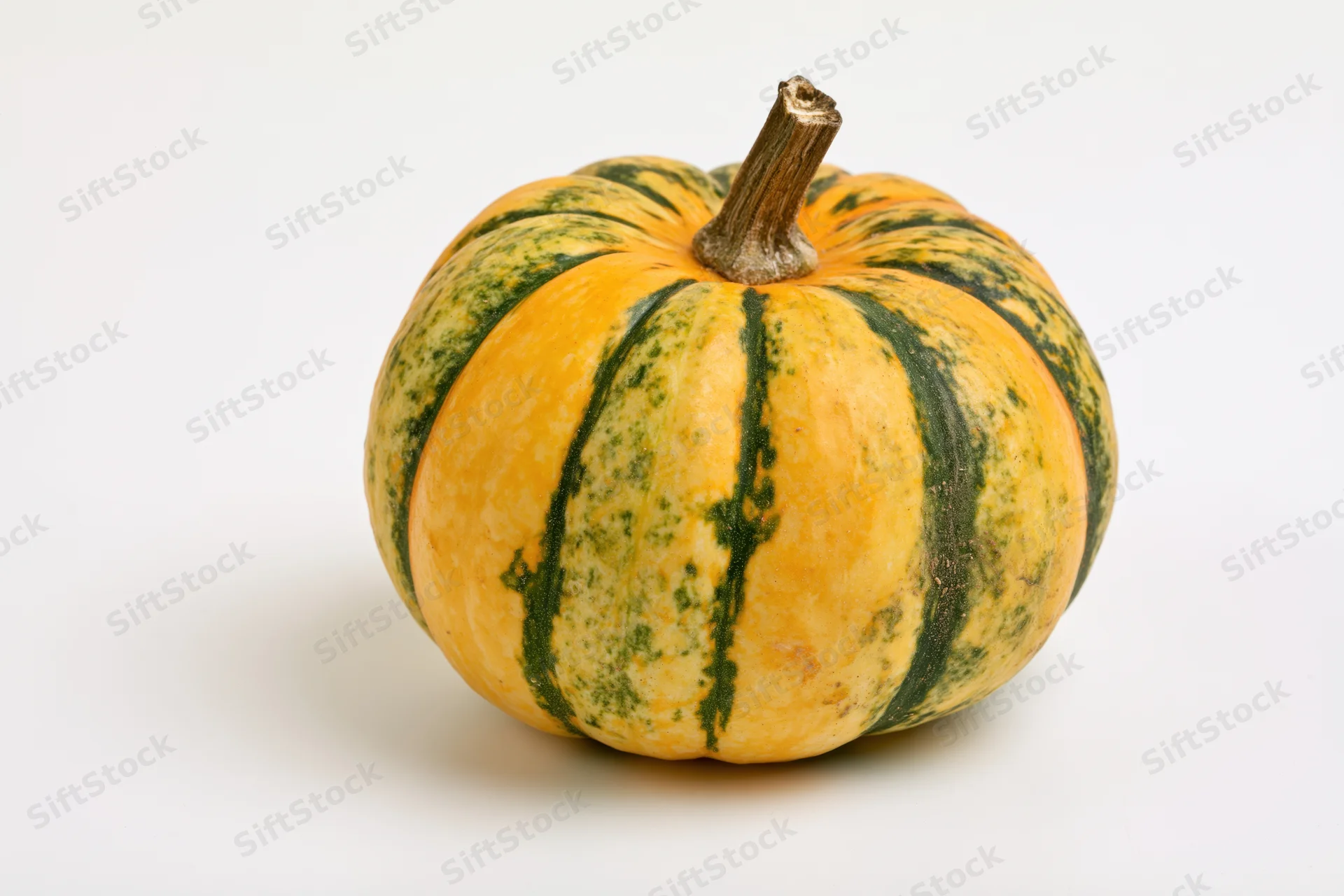 Small ornamental pumpkin with yellow-orange and green mottled stripes on white background