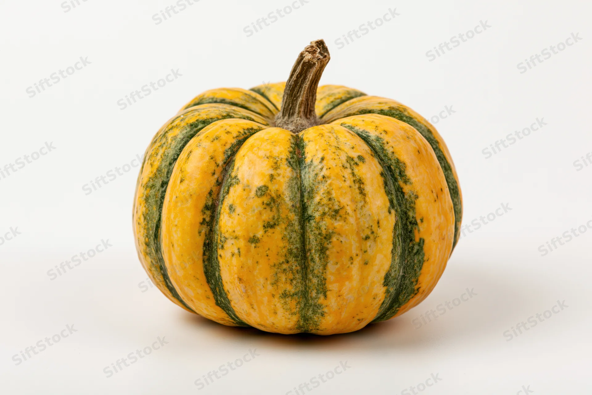 Small ornamental pumpkin with yellow-orange and green mottled skin on white background