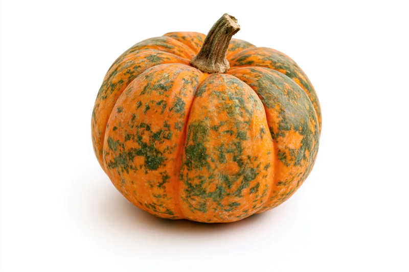 Small round pumpkin with dry woody stem isolated on white background