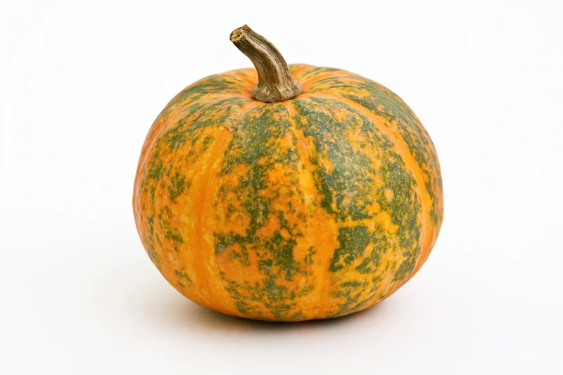 Small round pumpkin with dry woody stem on white background