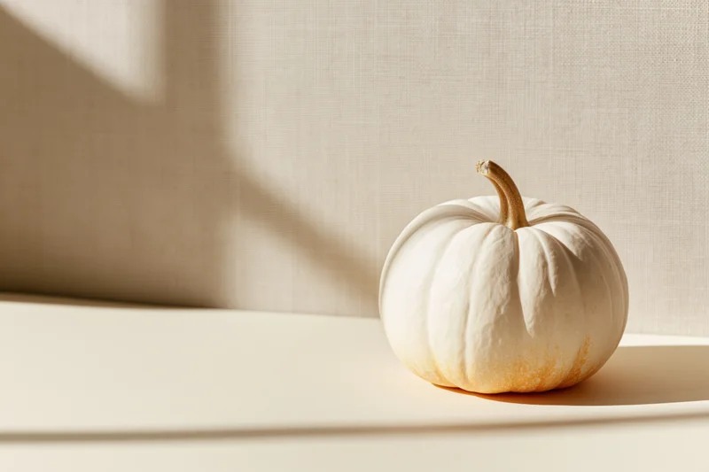 Small white and orange heirloom pumpkin resting on a neutral surface with soft sunlight and shadows