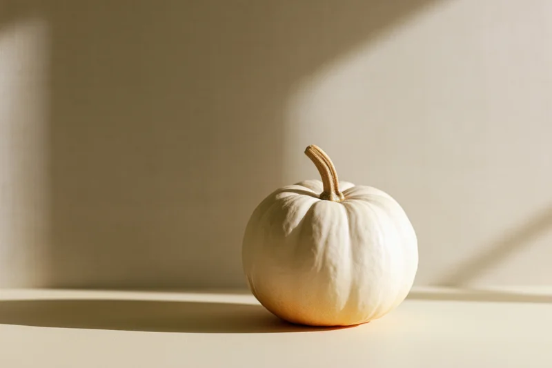 Small white heirloom pumpkin resting on a smooth surface in soft sunlight with shadows on the wall
