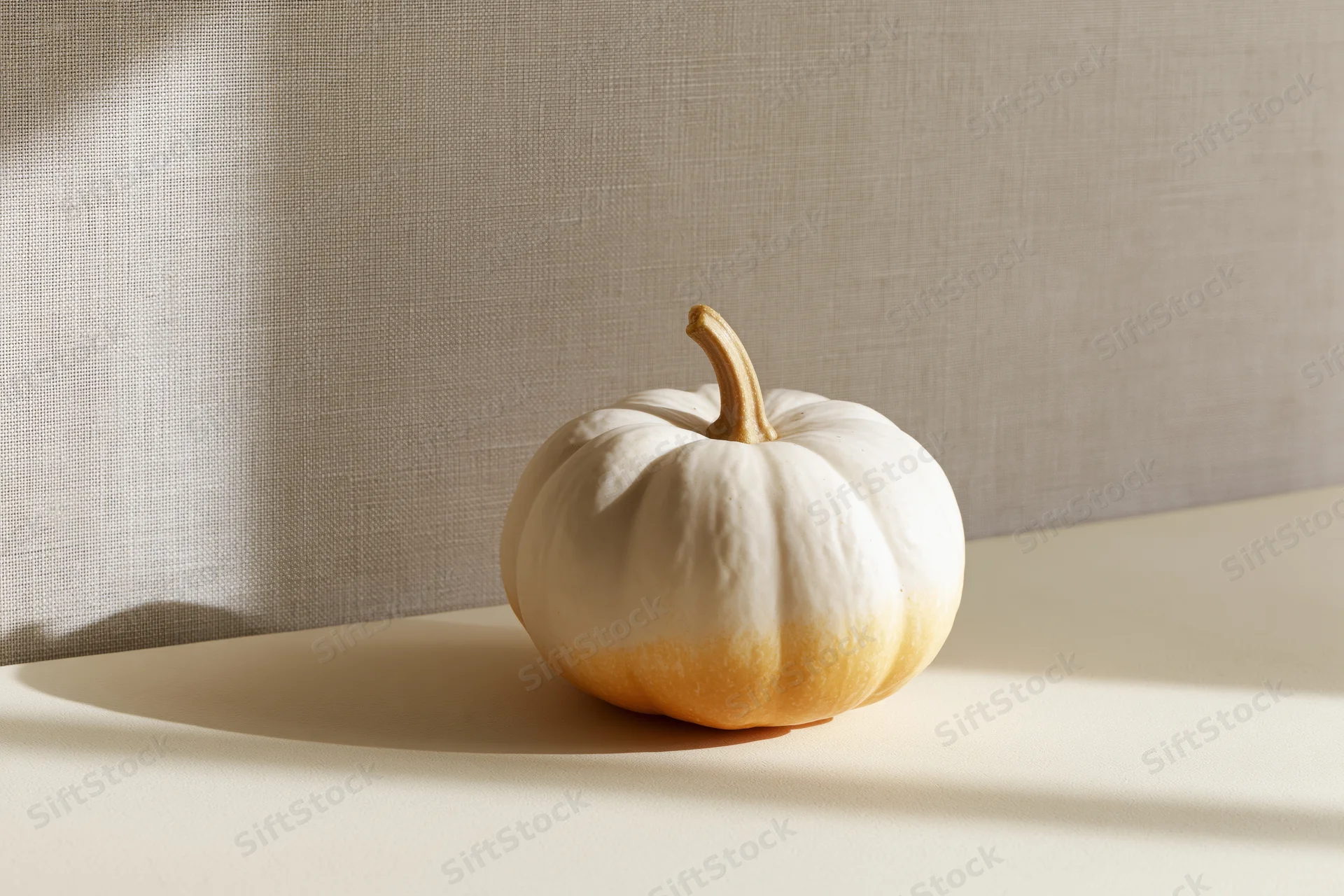 Small white and orange heirloom pumpkin resting on a light surface against a textured fabric backdrop