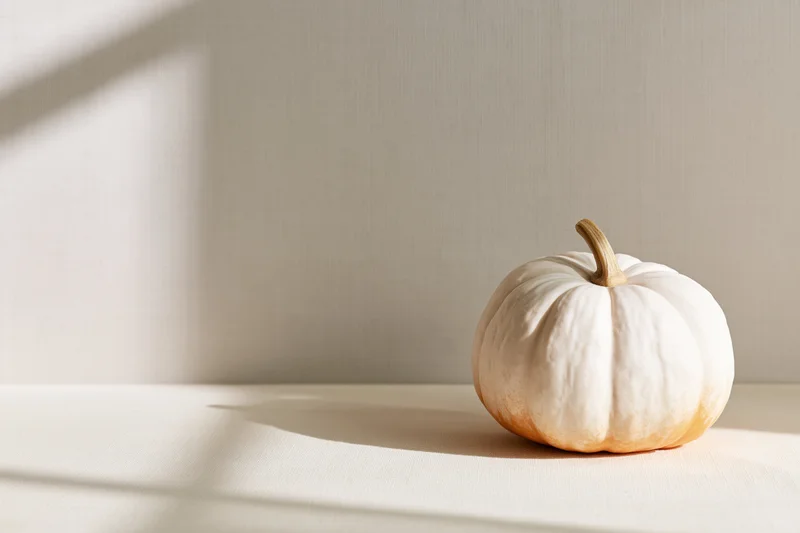 Small white and orange heirloom pumpkin resting on a light-colored surface with soft shadows from sunlight