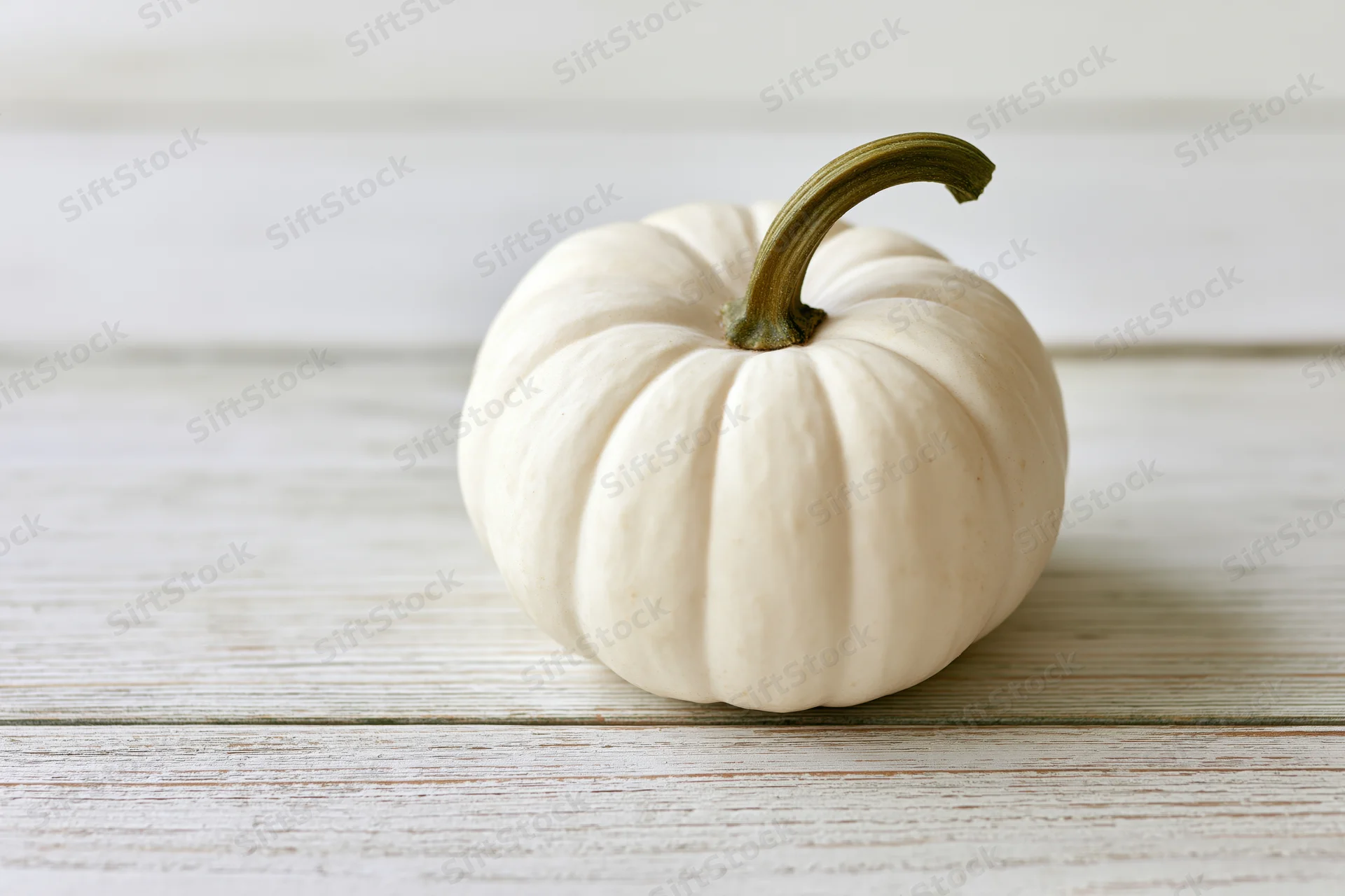 Small white ghost pumpkin with curved green stem resting on a whitewashed wooden table