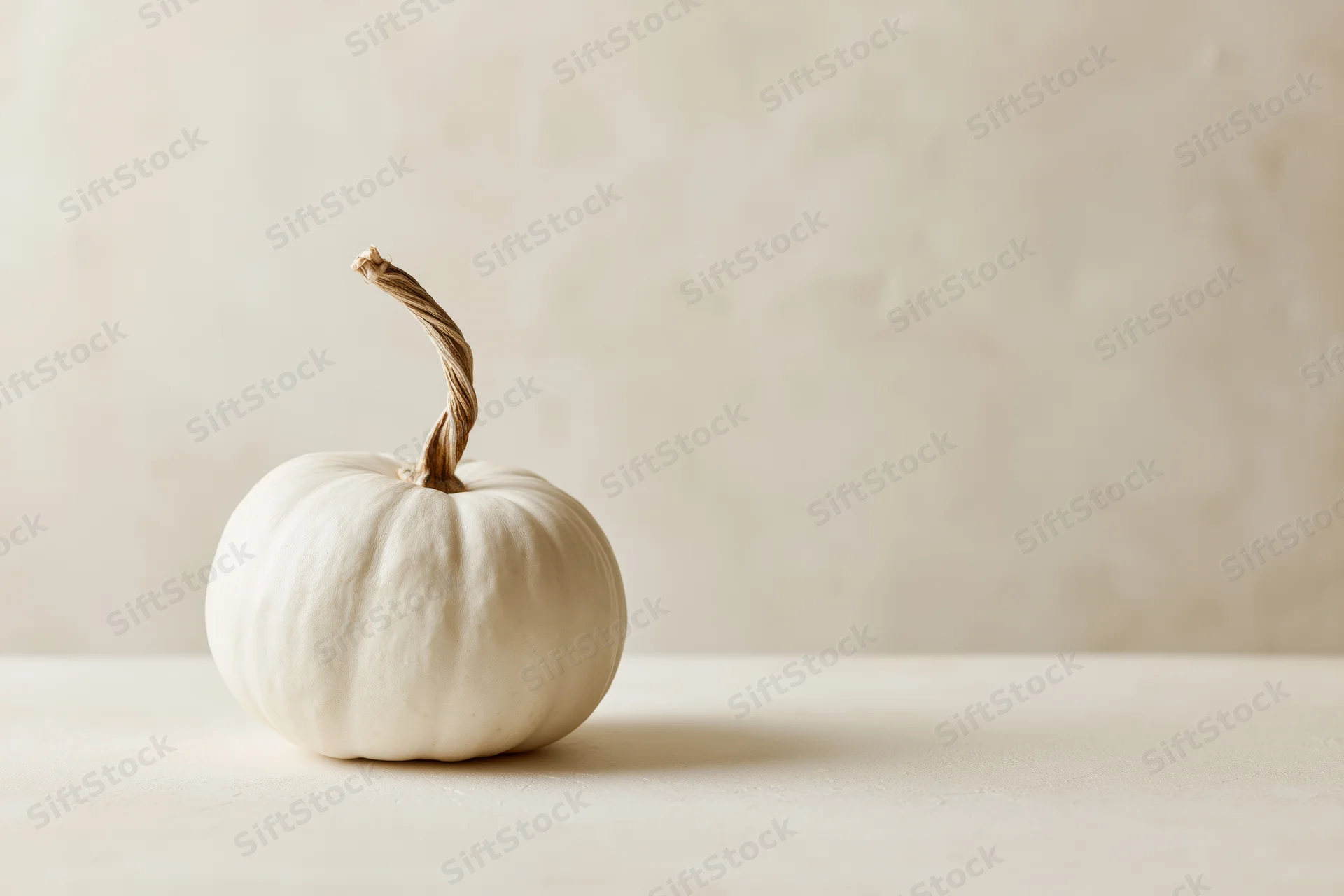 Small white pumpkin with twisted dried stem on a neutral surface