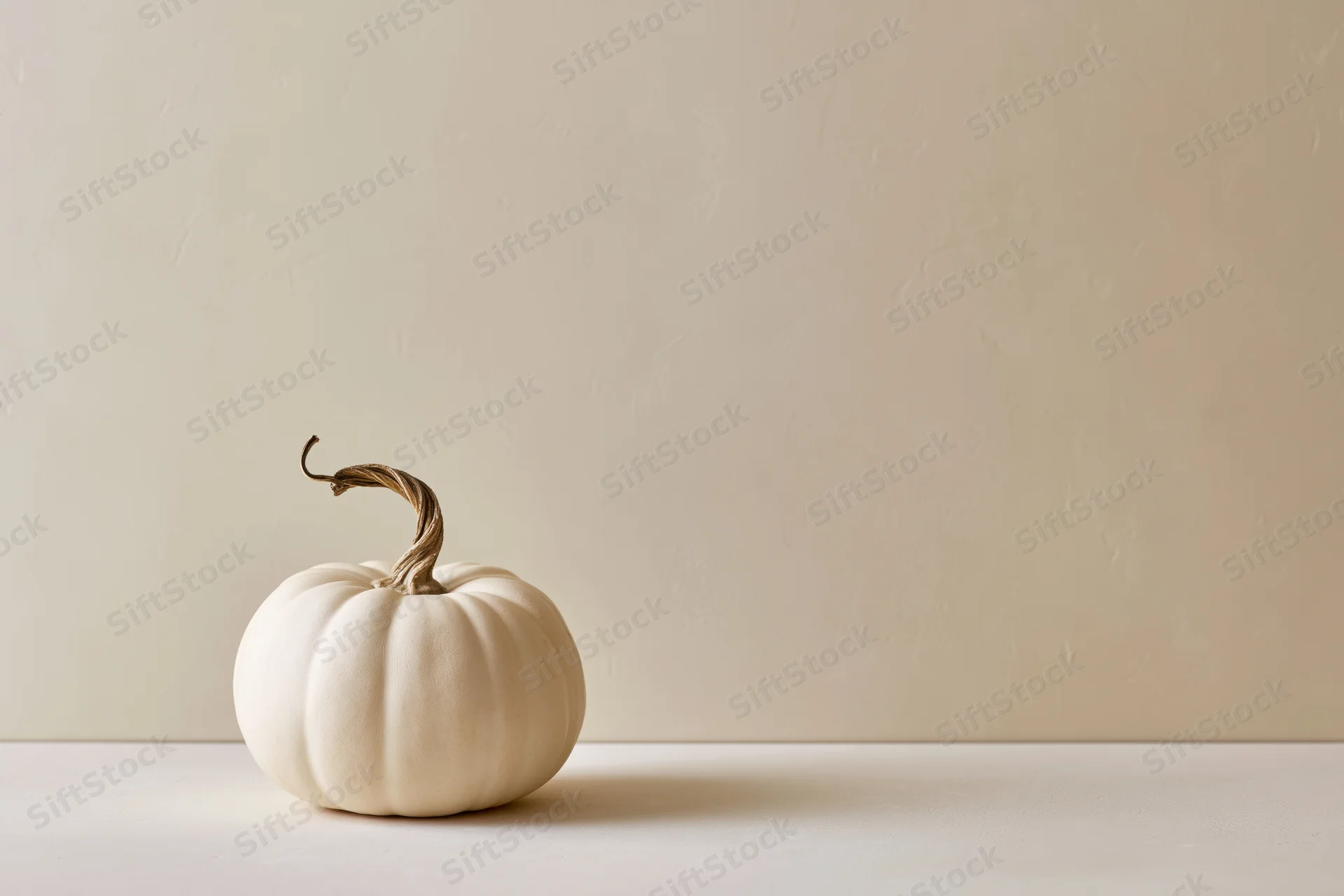 Small white pumpkin with dried twisted stem on a neutral surface