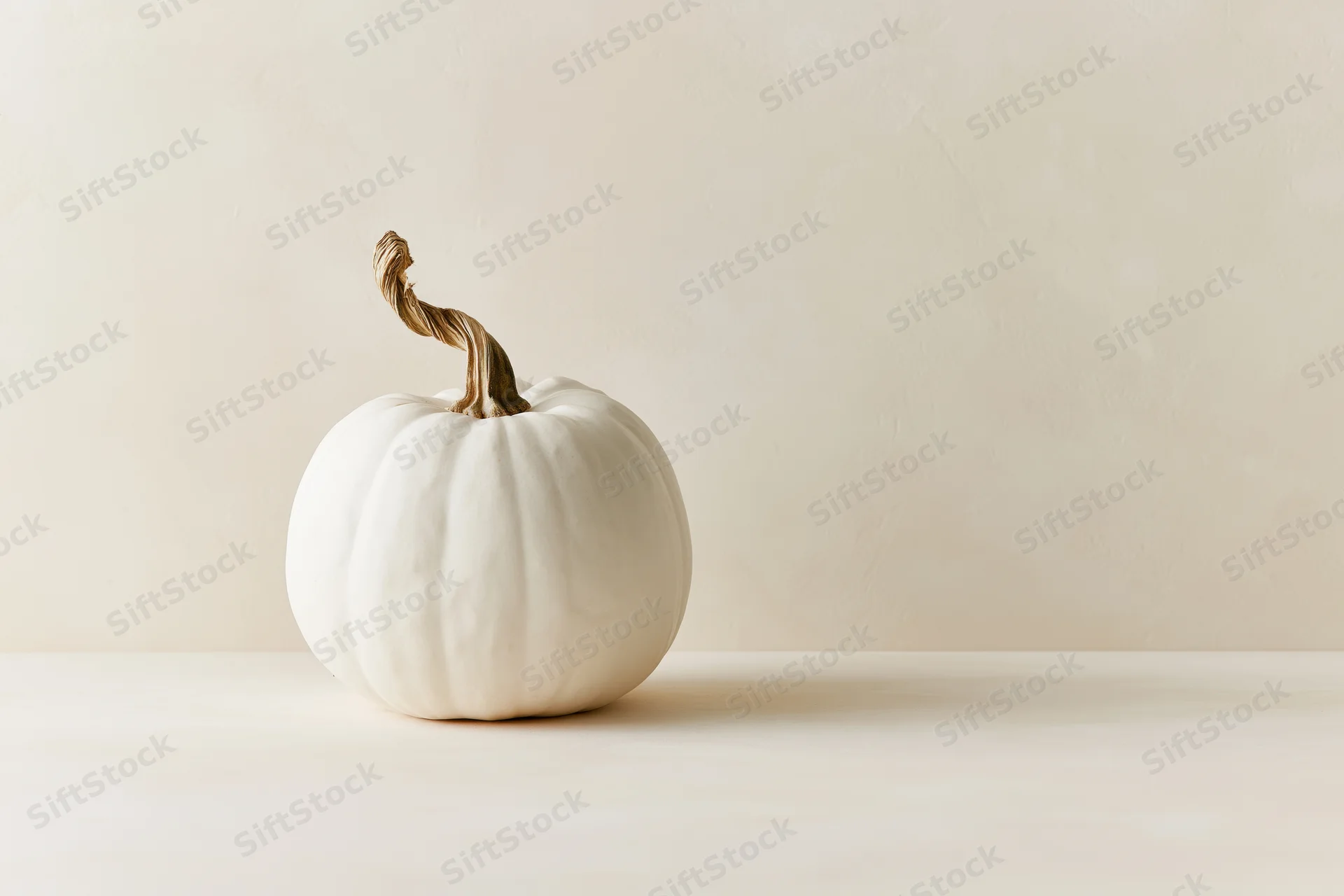 Small white pumpkin with dried twisted stem on a plain surface