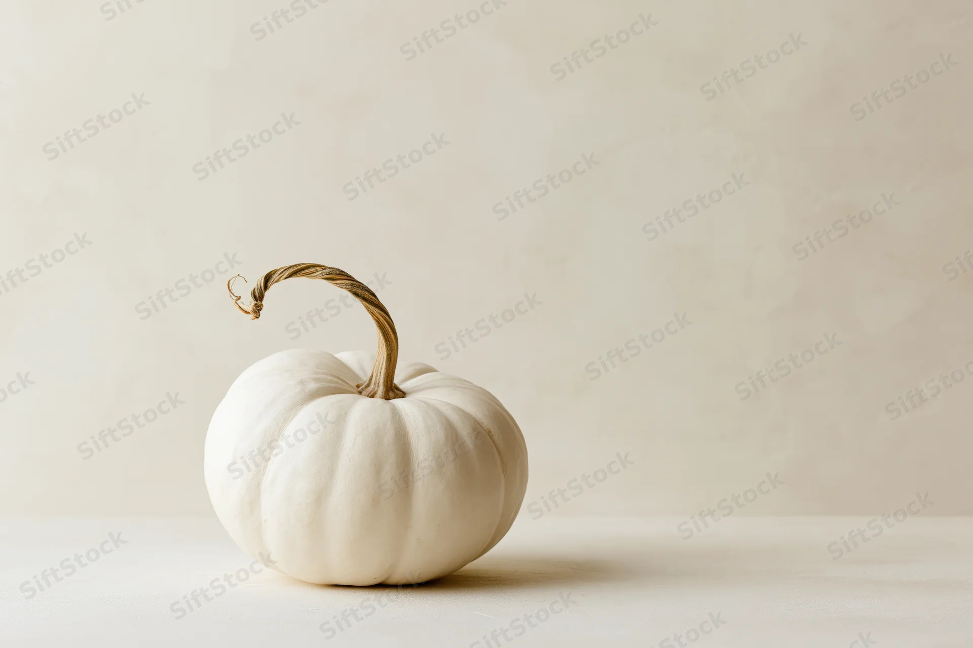 Small white pumpkin with dried twisted stem on a neutral surface