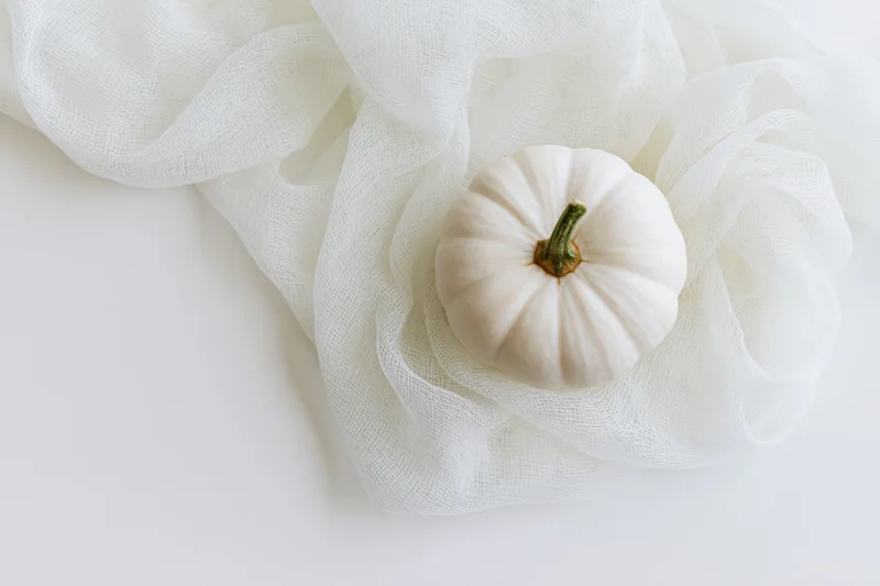 Small white pumpkin with green stem resting on sheer white fabric, flat lay on white background