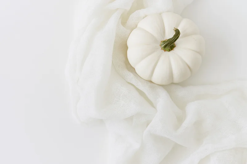 Small white pumpkin resting on draped white fabric with copyspace on left
