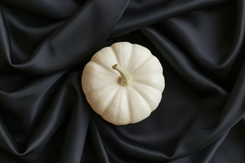 Small white pumpkin with pale green stem resting on black satin fabric