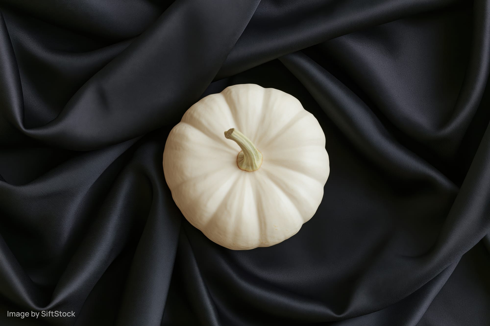 Small white pumpkin with pale green stem resting on black satin fabric
