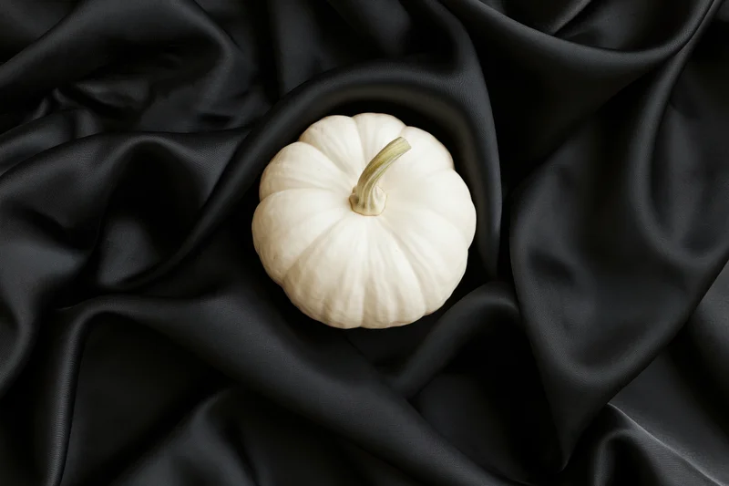 Small white pumpkin resting on black satin fabric in a flat lay composition