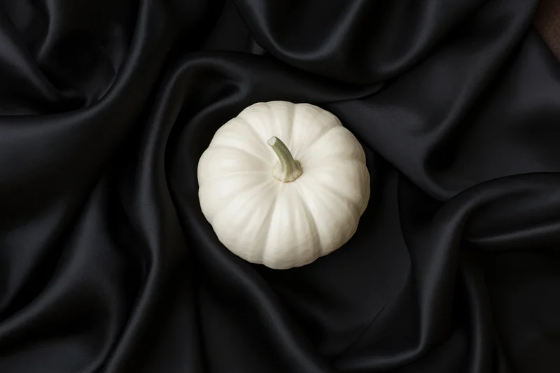 Small white pumpkin with pale green stem resting on black satin fabric