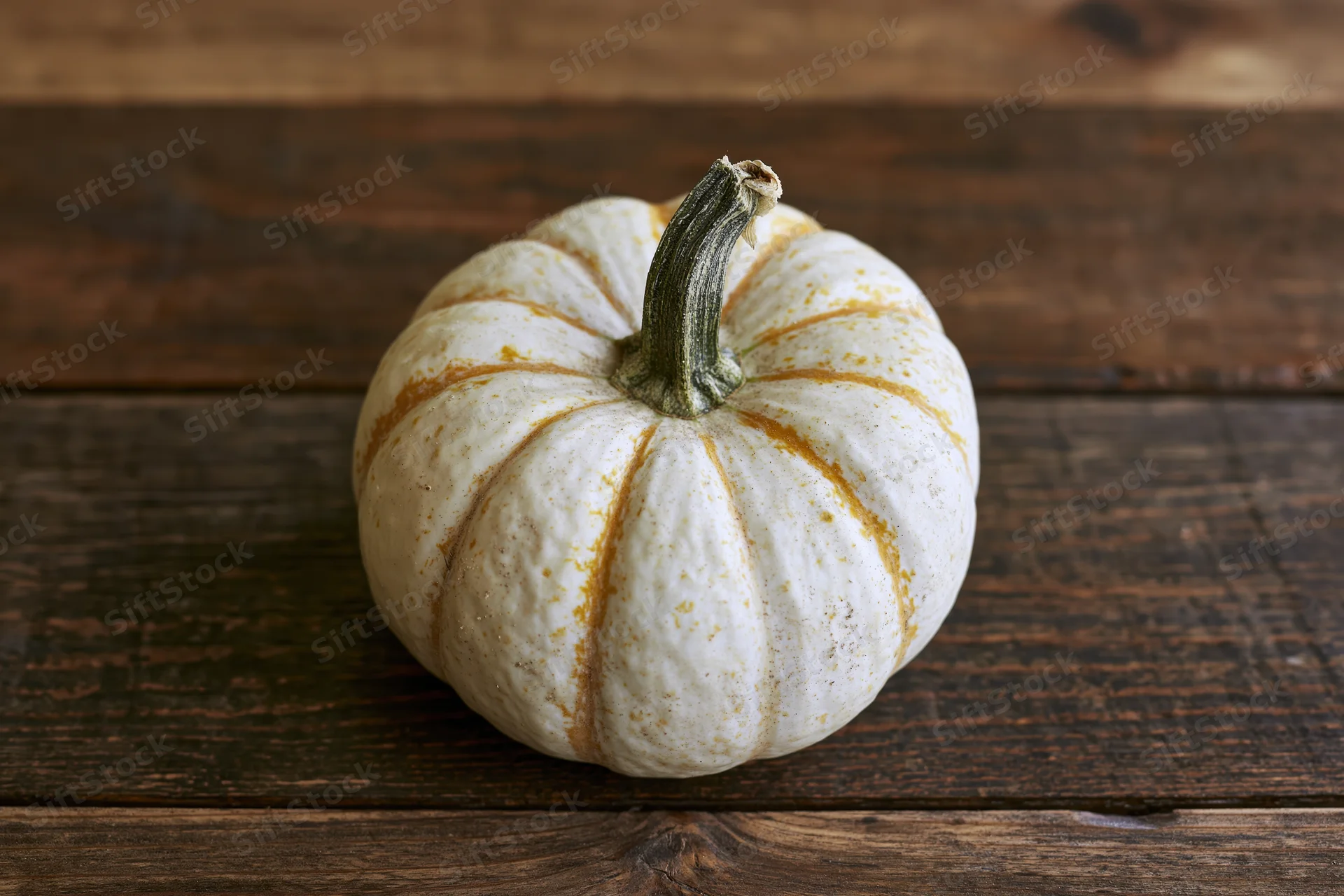 Small white pumpkin with orange stripes resting on a dark wooden table