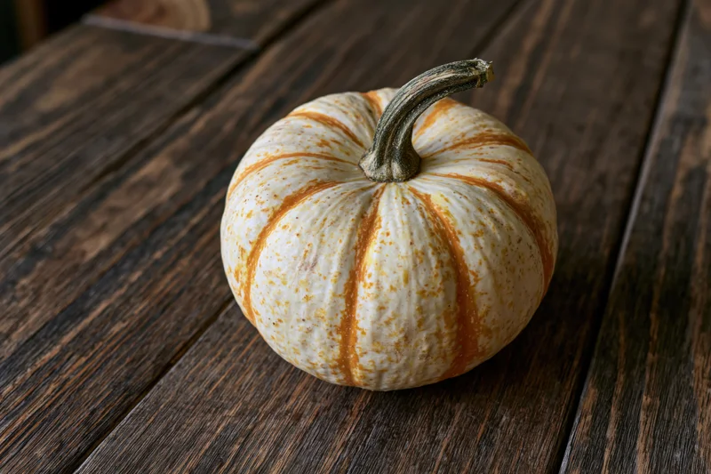 Small white pumpkin with orange stripes resting on a dark wooden table