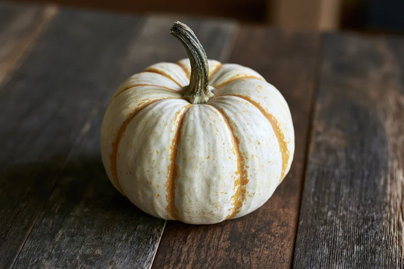 Small white pumpkin with orange stripes resting on a dark wooden table