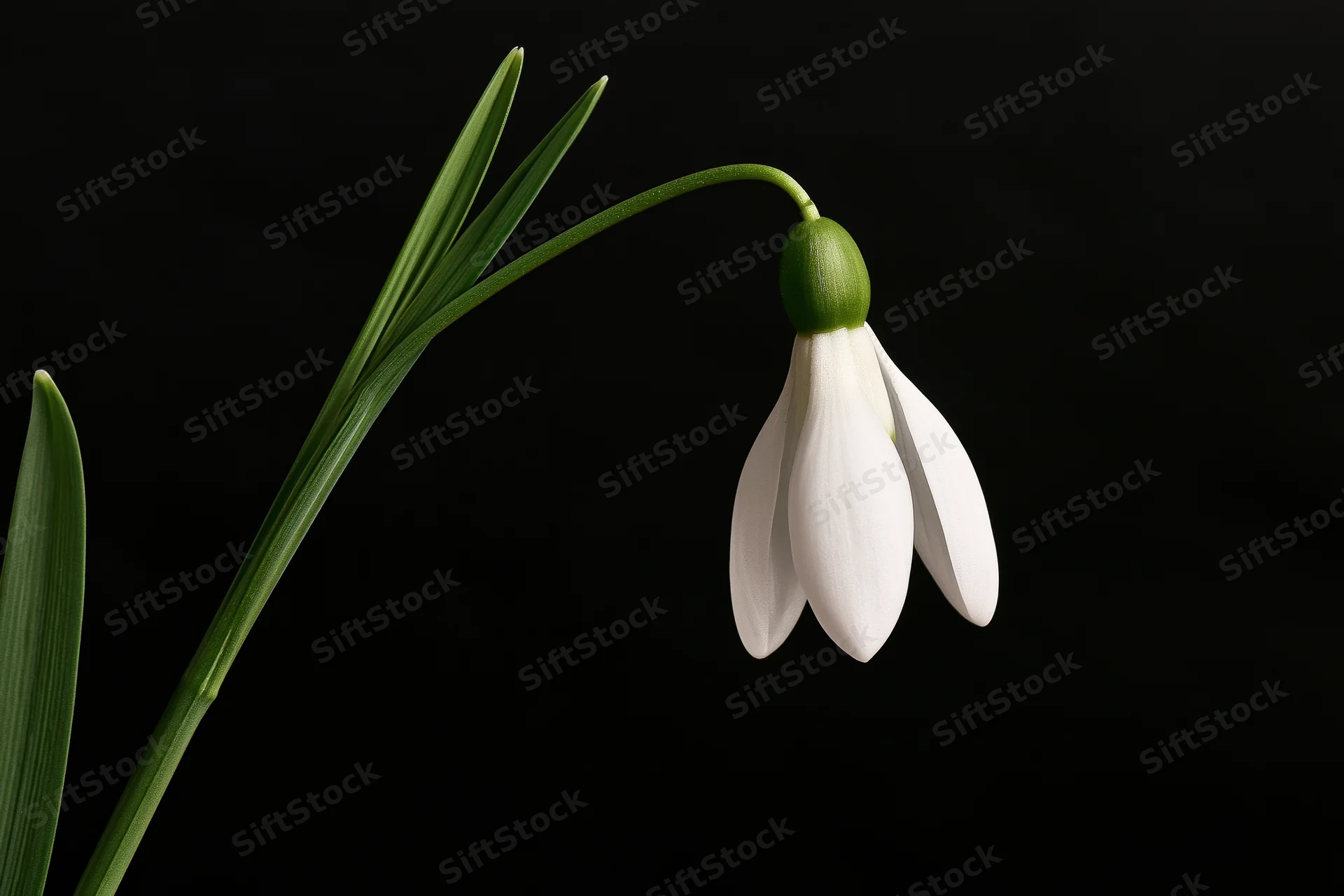 Single snowdrop flower drooping on its stem against black background