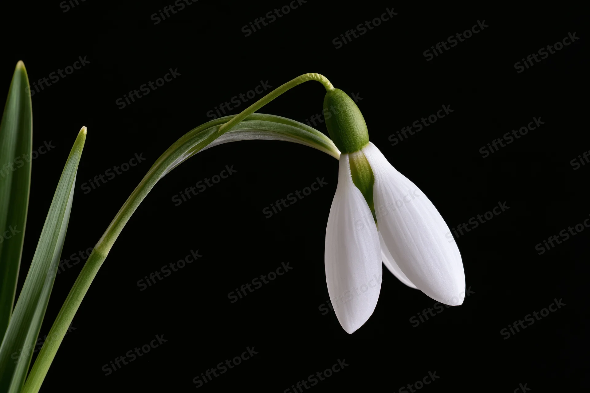 Single snowdrop flower drooping on its stem against black background