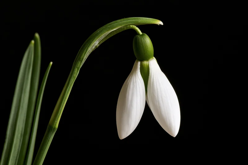 Single snowdrop flower drooping on its stem against black background