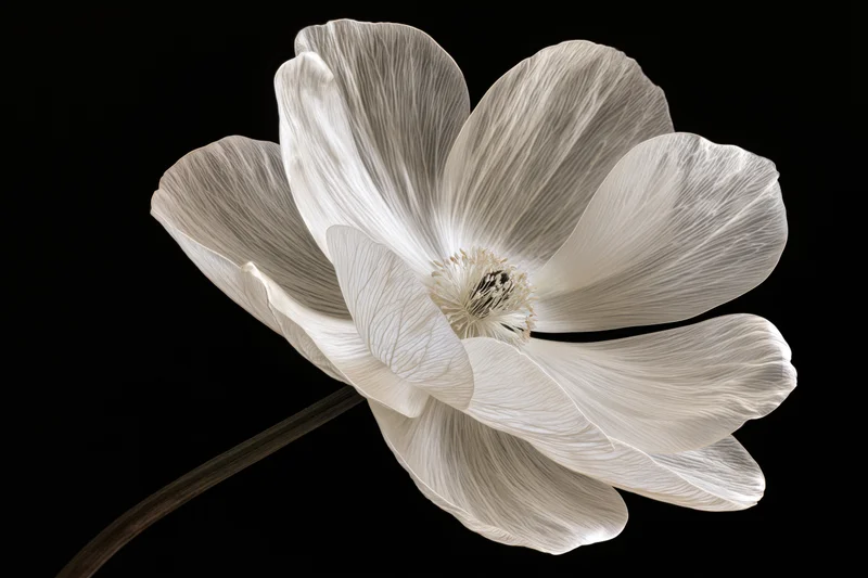 Translucent white anemone flower with veined petals on black background