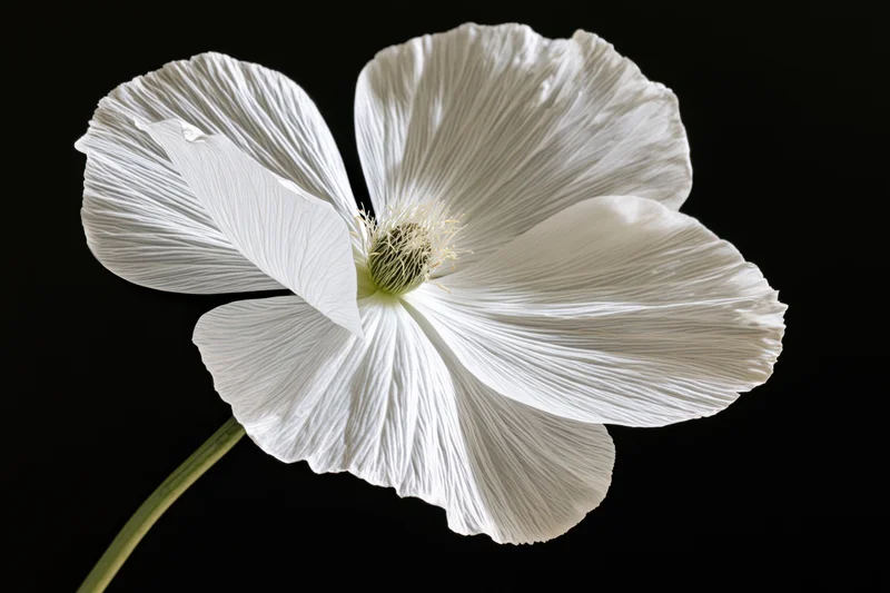 White poppy flower with veined translucent petals on black background