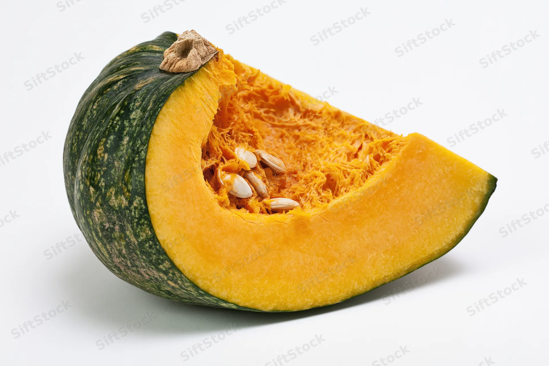 Wedge-shaped slice of kabocha squash cut open showing orange flesh and seeds on white background