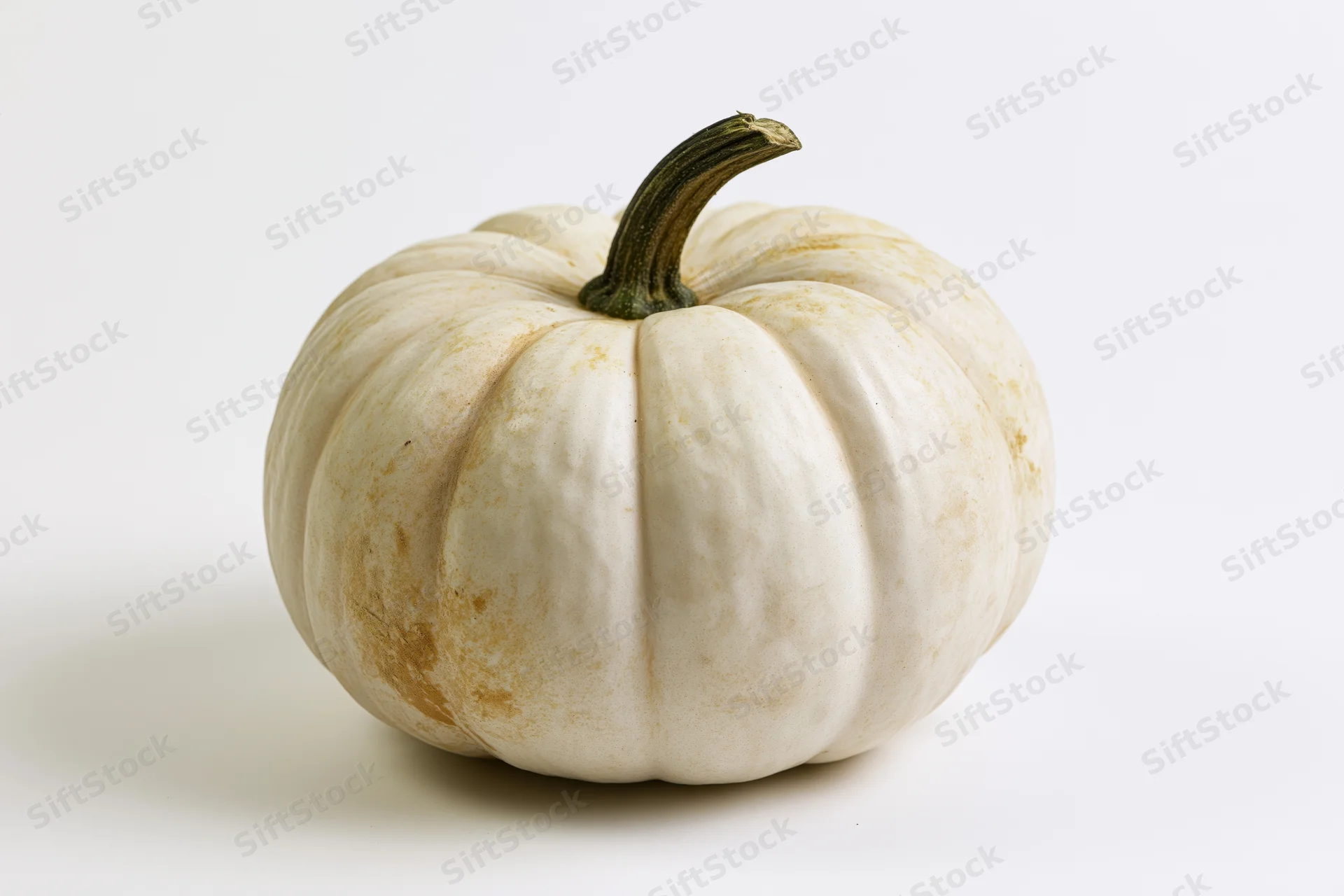 White ghost pumpkin with dark green stem centered on white background